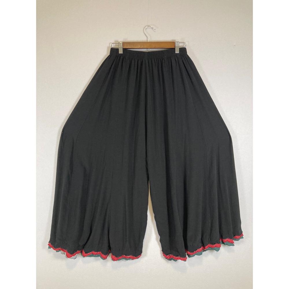 Boho Artsy Lagenlook Women Medium Black Wide Leg Lettuce Edge Palazzo Pants - Picture 2 of 9